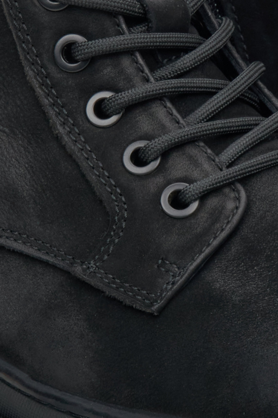 Men's black boots by Estro made of genuine nubuck - close-up on details.