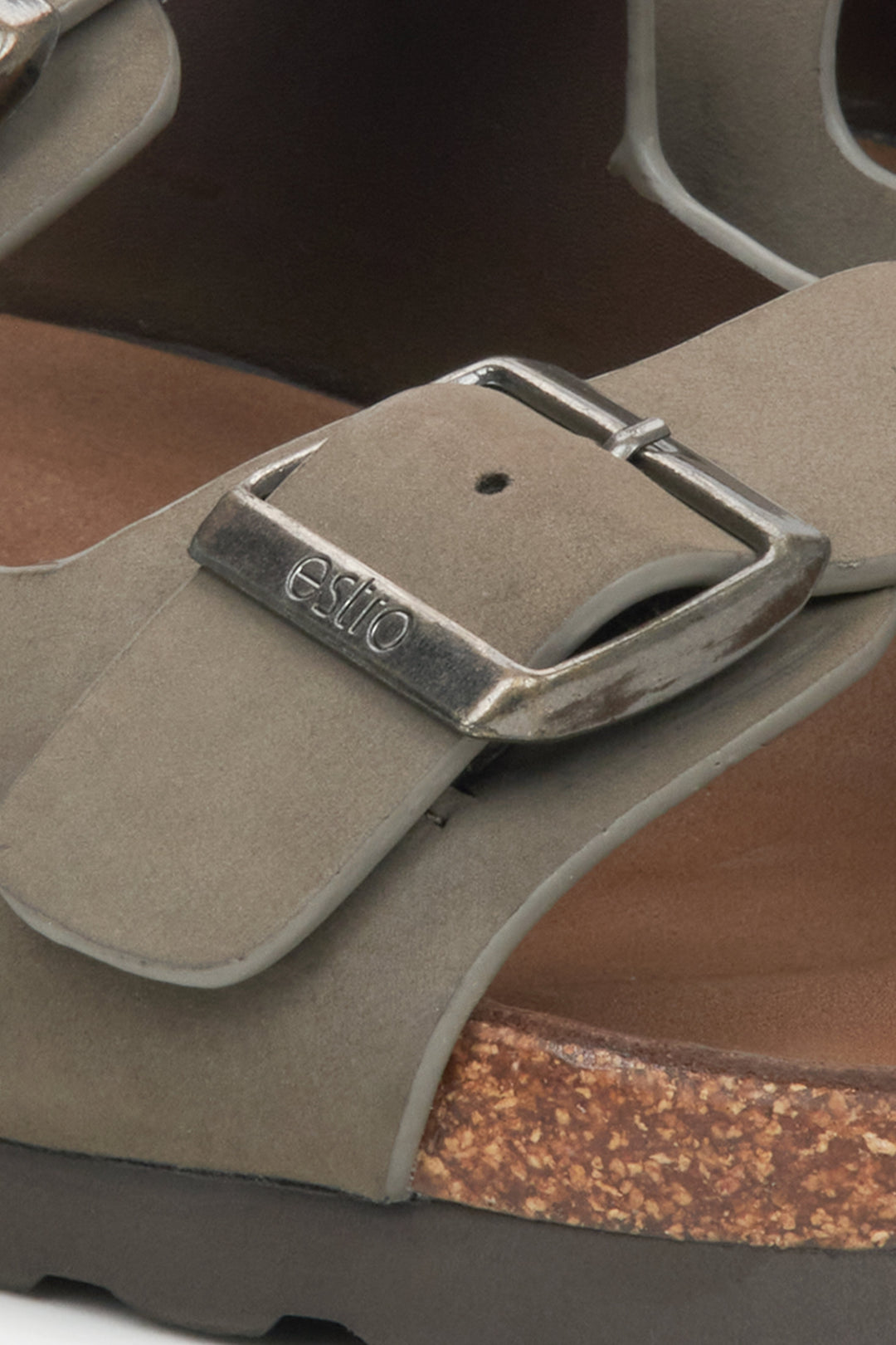 Estro men's khaki nubuck sandals - close-up detail.