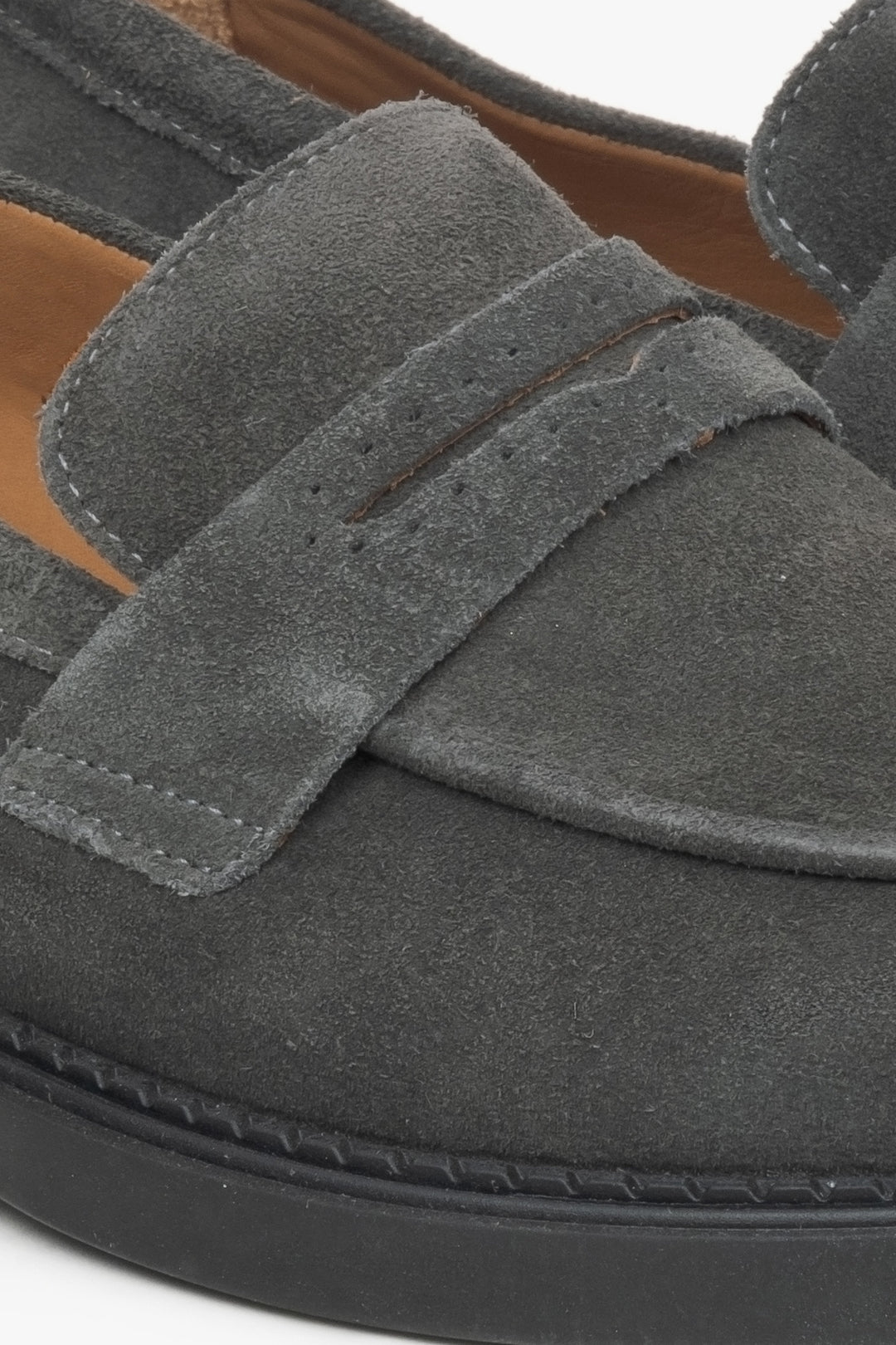 Estro grey Penny loafers - close-up of the detail.