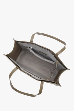 Women's brown shopper bag made of genuine leather - a close-up on bag's inside.