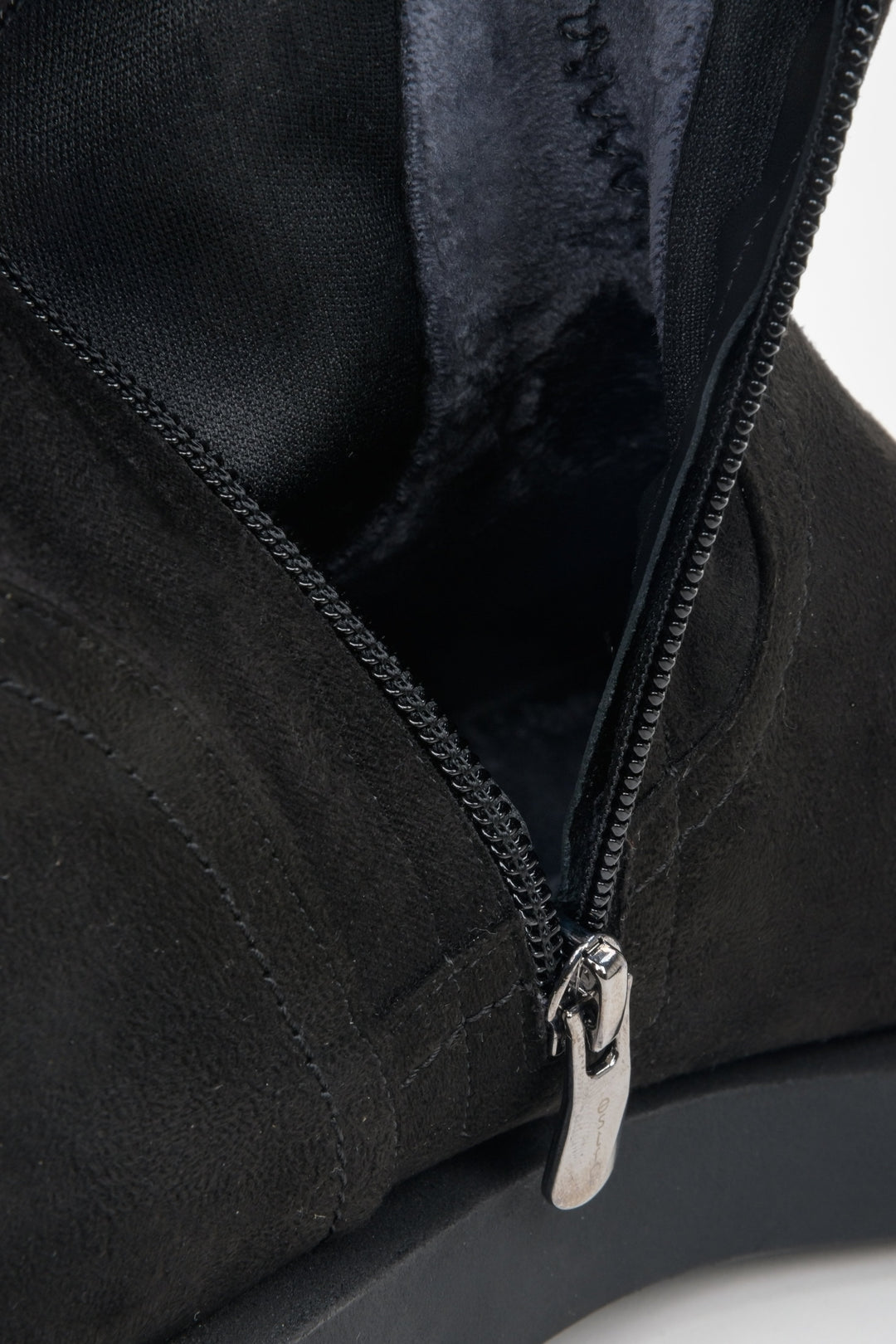 Women's black high-top boots made of genuine velour Estro - a close-up on details.