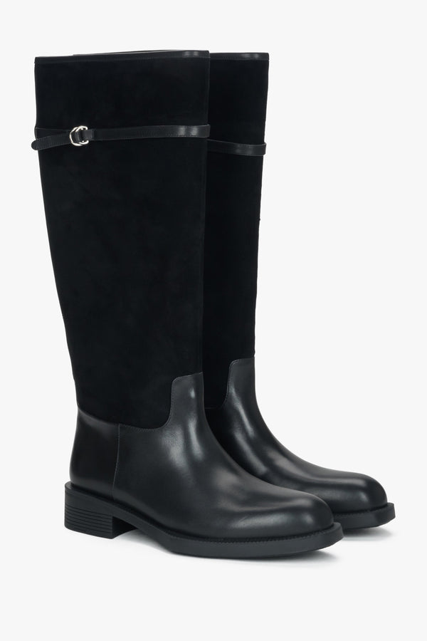 Estro women's black boots made of genuine leather and velour with a decorative buckle.