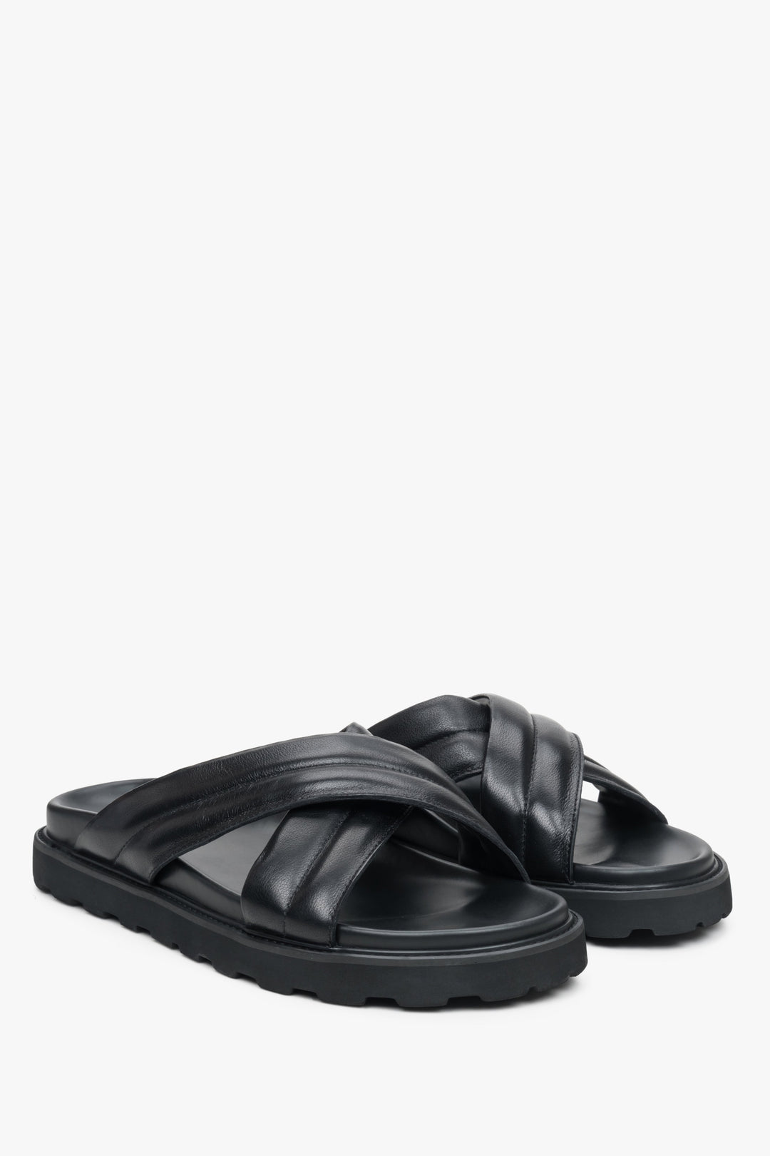 Men's black leather cross-strap sandals by Estro.