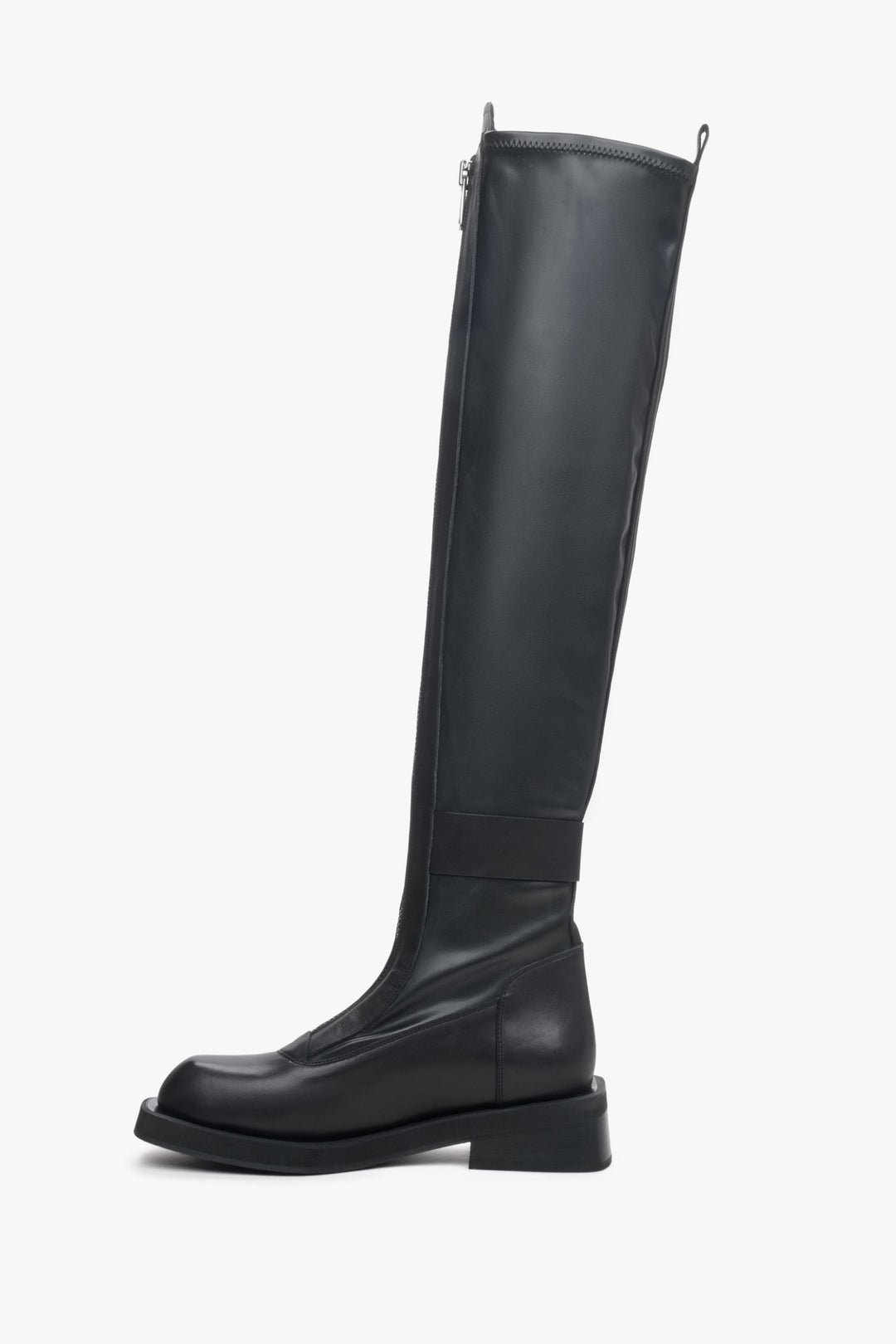 Estro women's  black leather over-the-knee boots with elastic shaft - boot profile.