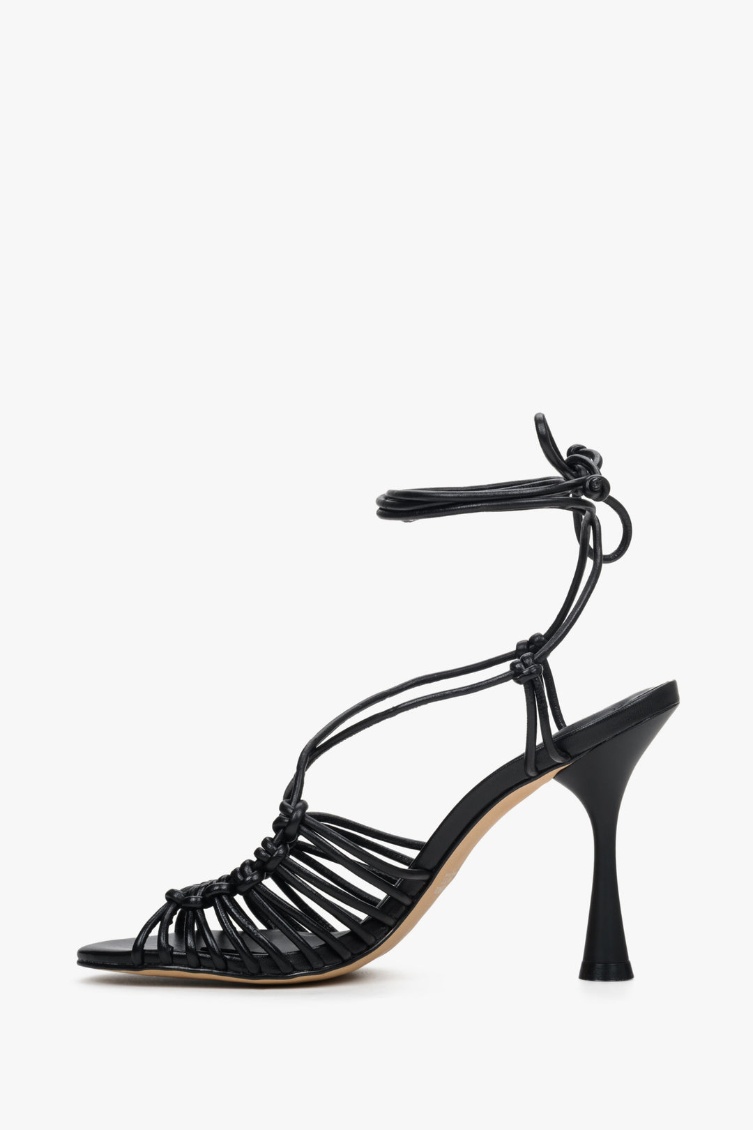 Women's black leather lace-up sandals by Estro - shoe profile.