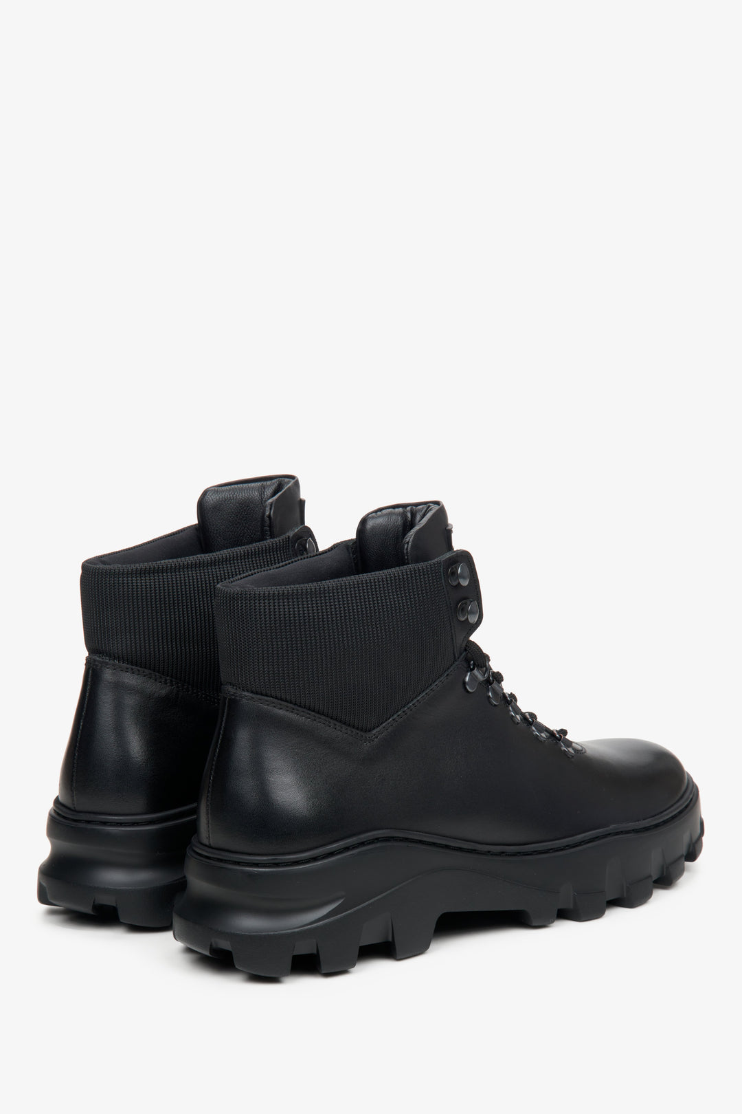 Men's black leather Estro boots - close-up on the heel and side line of the boot.