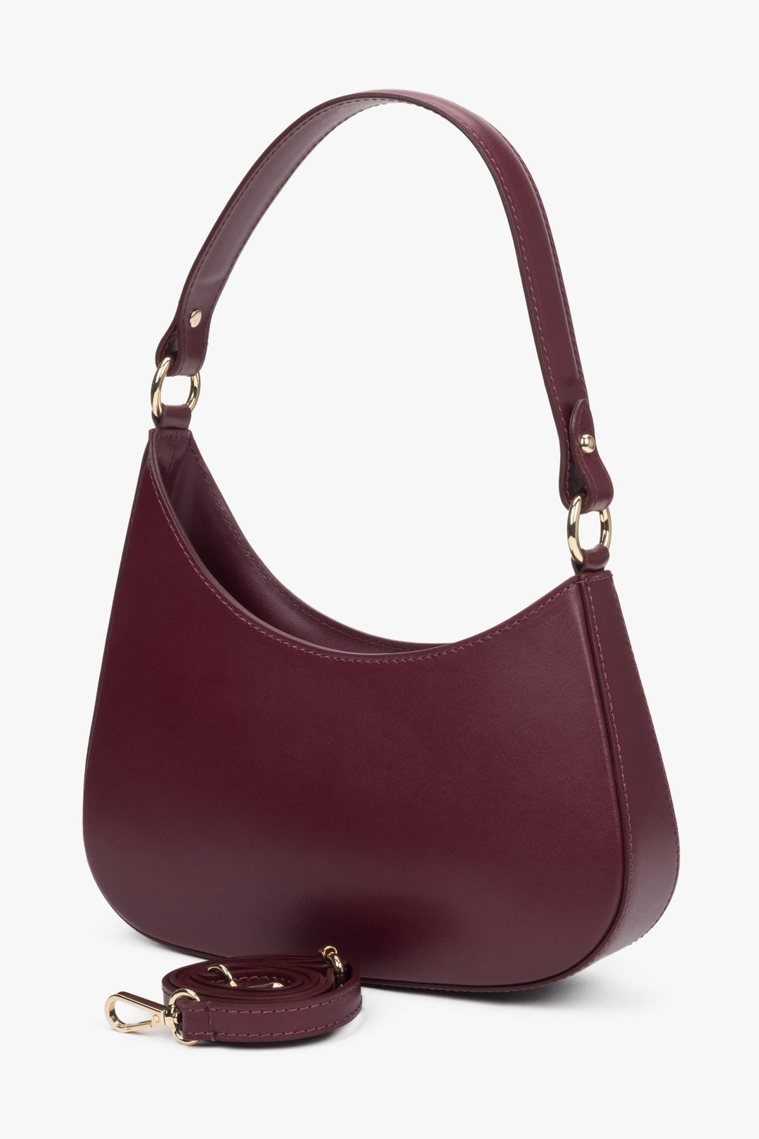 Women's burgundy Estro shoulder bag with detachable strap.