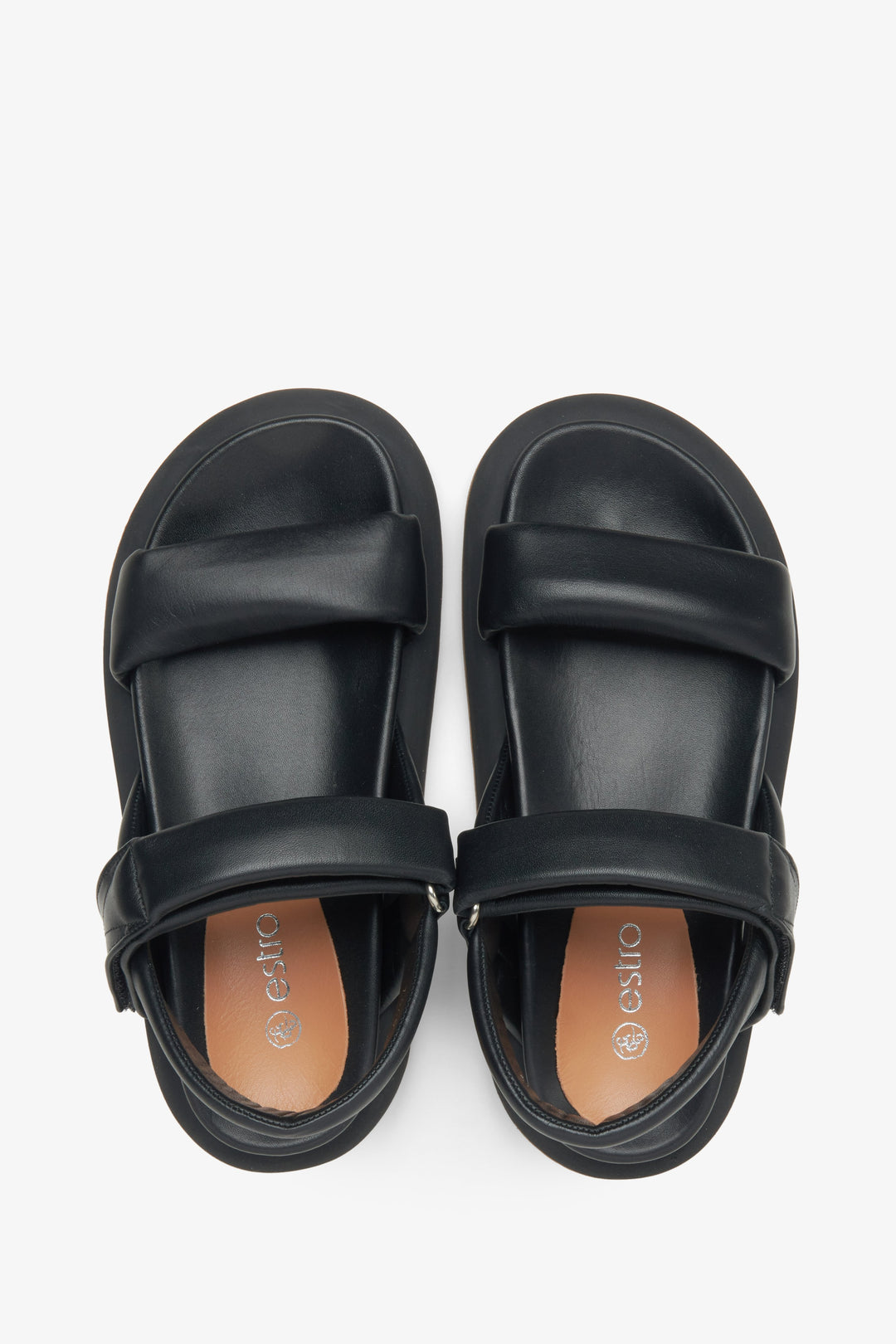 Women's black sandals with a soft sole by Estro - top view presentation of the model.