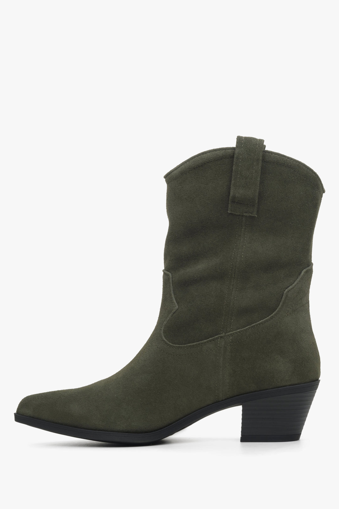 Women's dark green low-cut cowboy boots made of genuine suede by Estro - shoe profile.