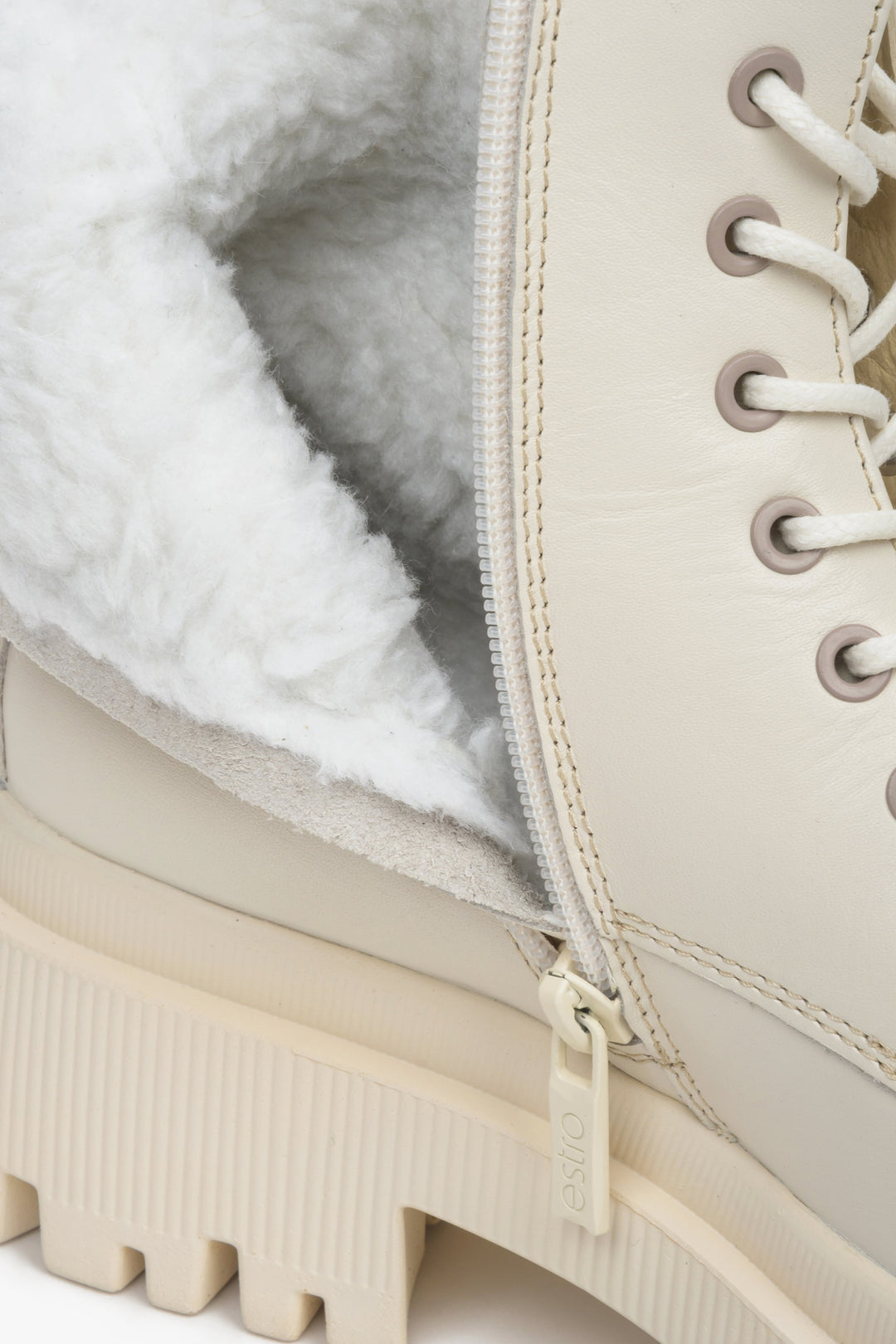 Women's winter boots made of genuine leather in light beige color with lacing and a zipper by Estro - close-up of the shoe filling.