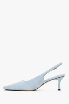 Elegant blue women's pumps by estro, made of soft velour, featuring a slingback design and a comfortable low heel.