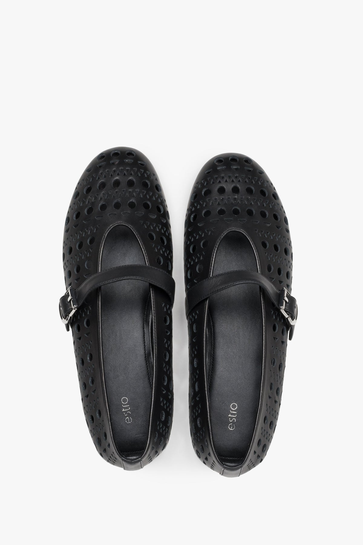 Comfortable black perforated Estro women's ballet flats made of genuine leather - top view presentation.