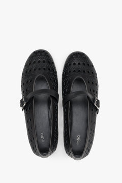 Comfortable black perforated Estro women's ballet flats made of genuine leather - top view presentation.