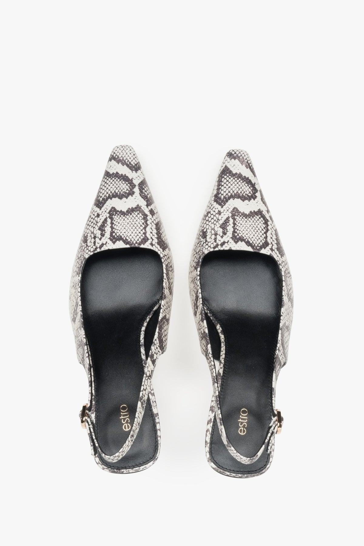 Elegant black and grey women's slingback pumps with a low heel, made of genuine leather by estro.