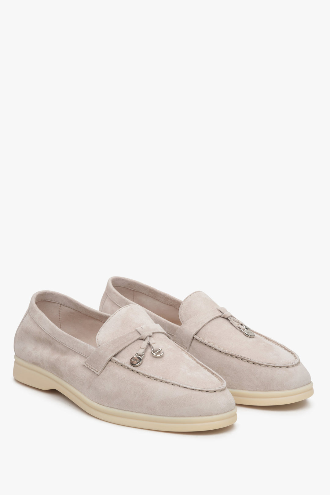 Light beige velour women's slip on loafers,