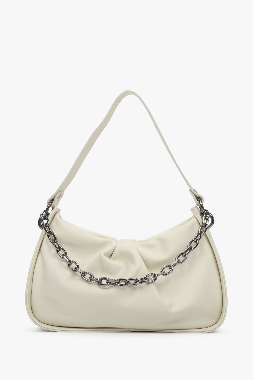 Women's Light Beige Leather Shoulder Bag with a Chain Strap Estro ER00112414.