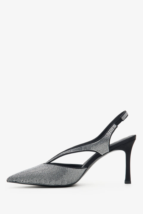 Embellished women's slide sandals in black with pointed toe Estro - shoe profile.