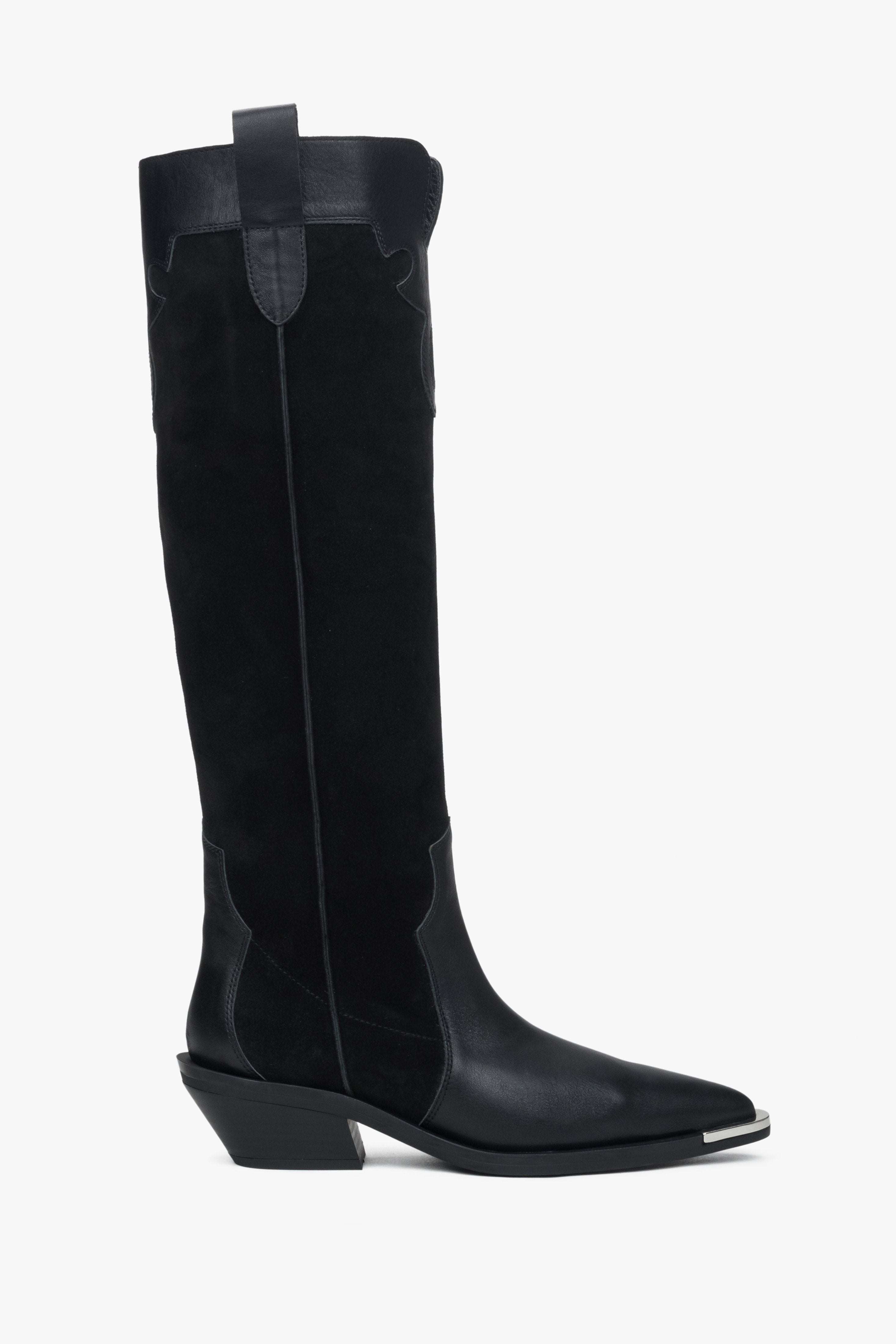 Women's High Black Cowboy Boots made of Premium Italian Velour and Genuine Leather Estro ER00116257.