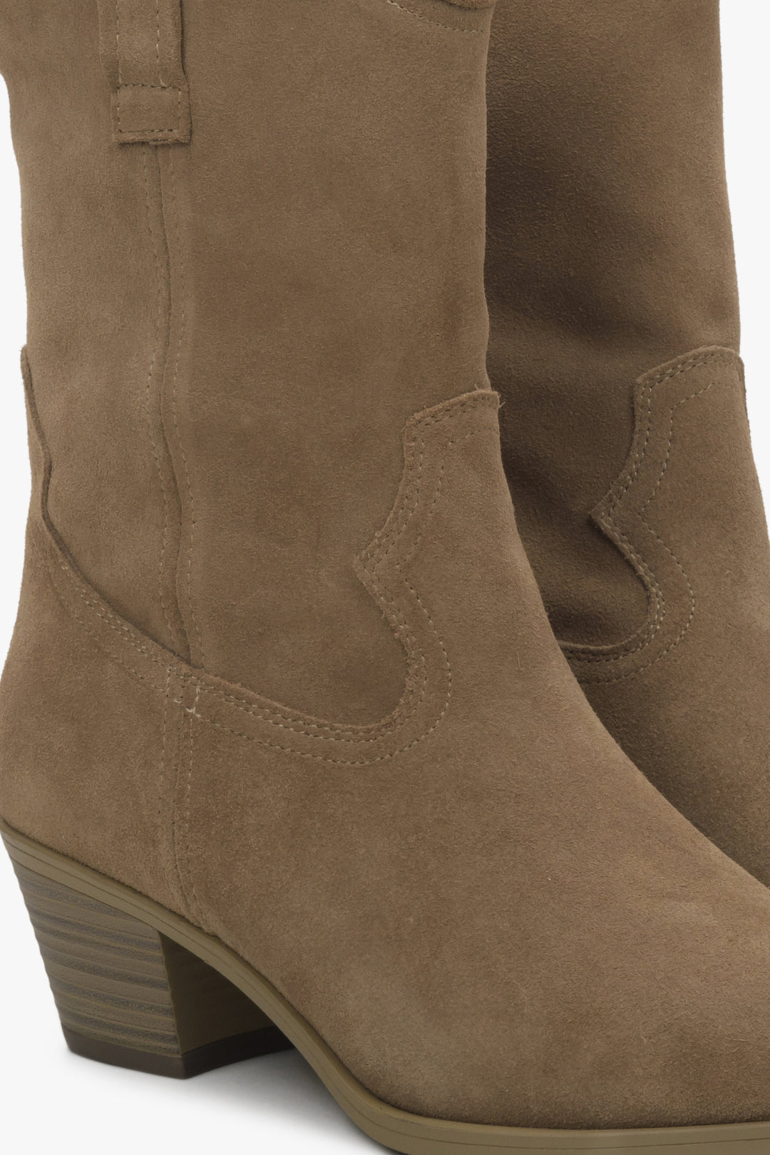 Women's brown low-cut cowboy boots made of genuine suede by Estro - close-up on details.