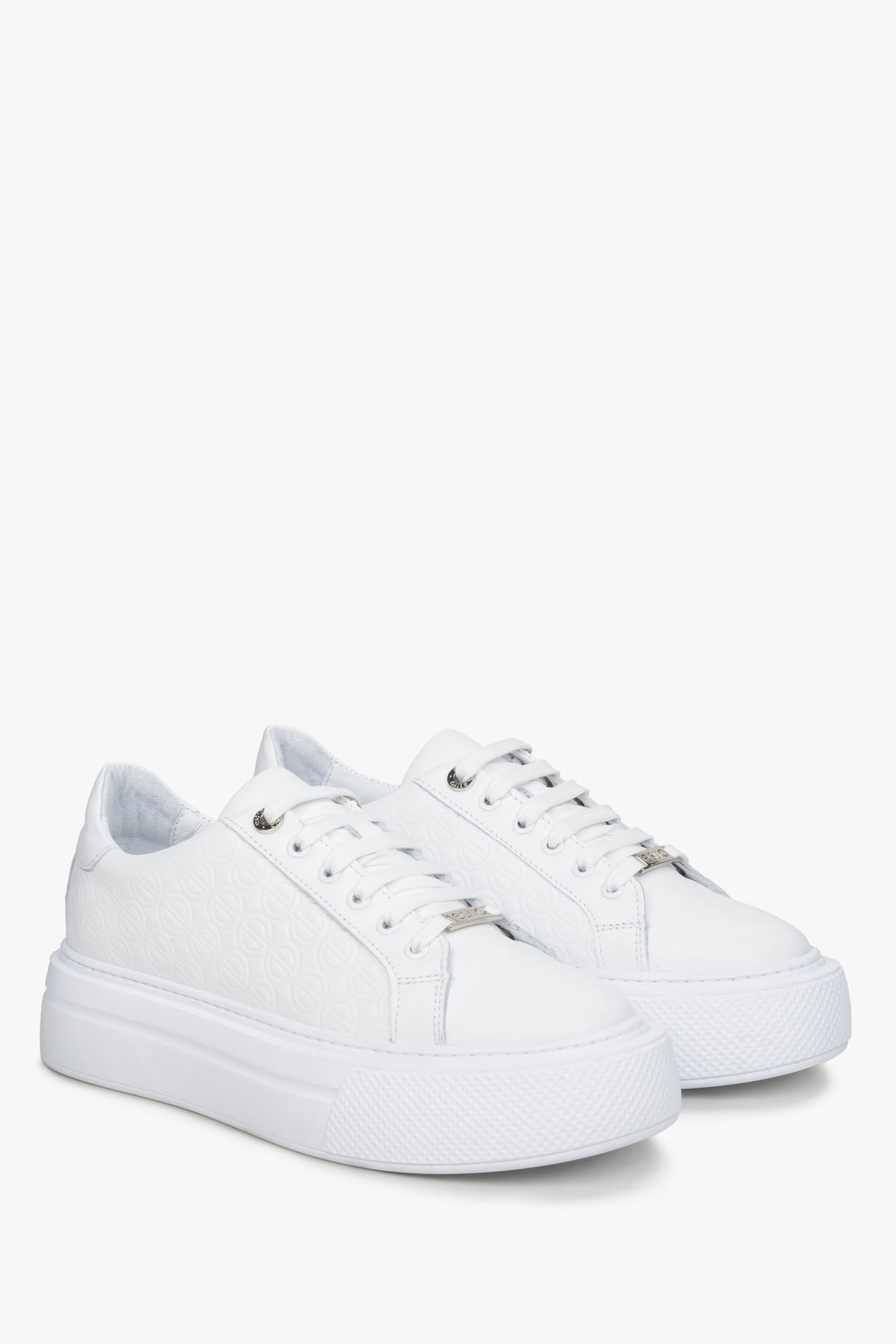 Women's white sneakers made of genuine leather with thick sole.