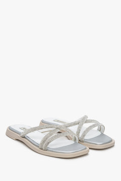 Silver Women's Flat Slide Sandals with Zirconia Estro ER00113251