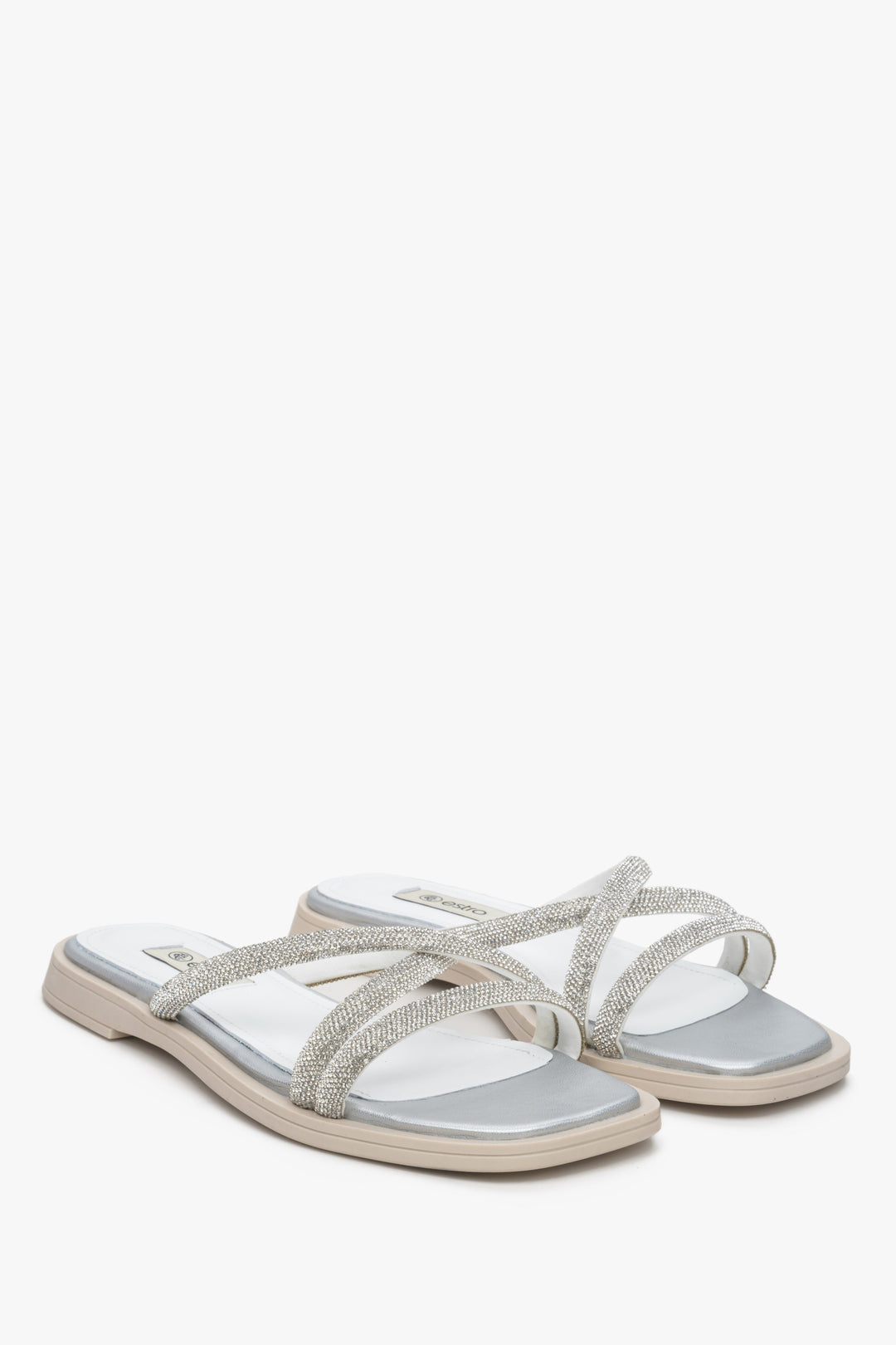 Silver Women's Flat Slide Sandals with Zirconia Estro ER00113251