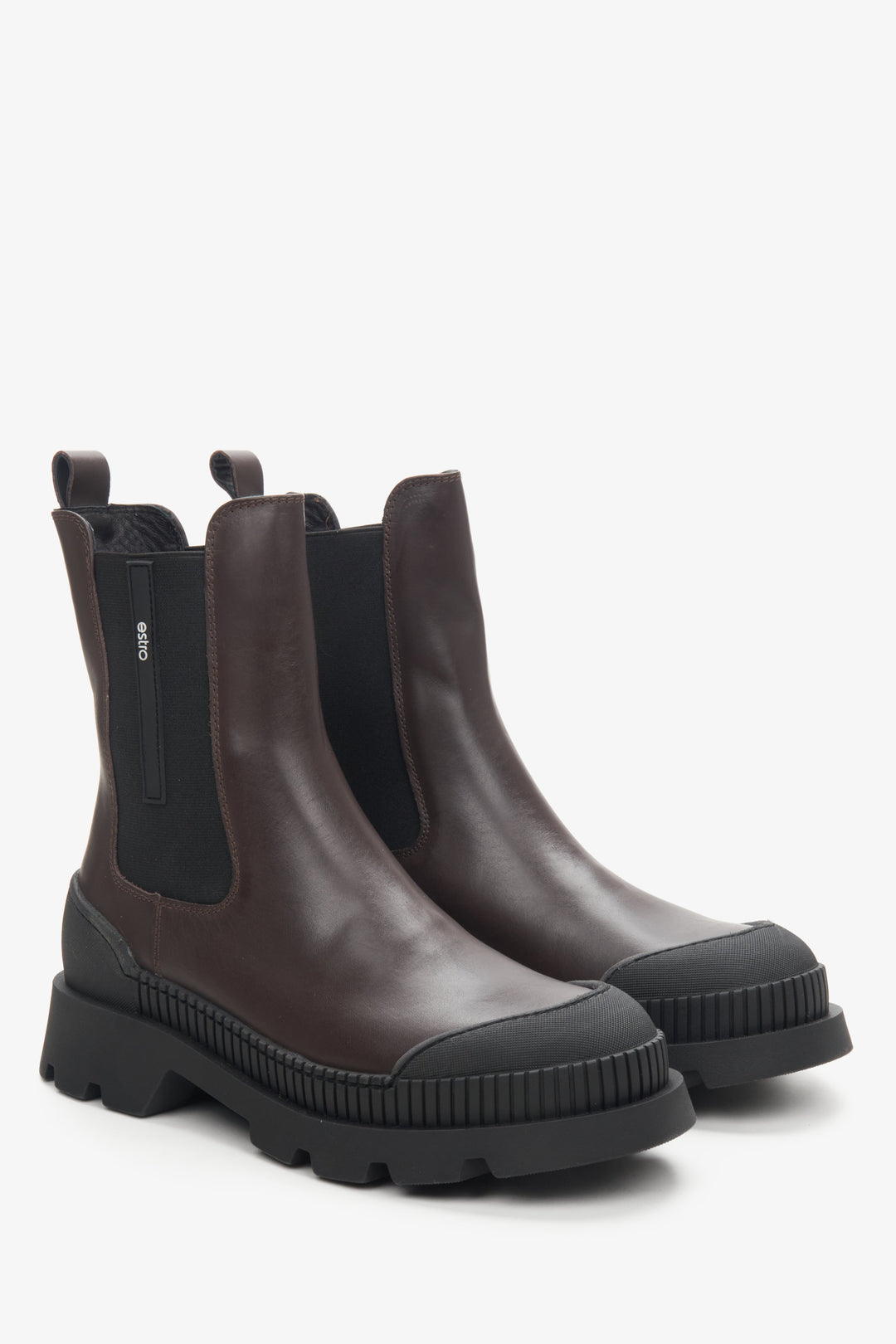 Brown and black leather Estro women's Chelsea boots.