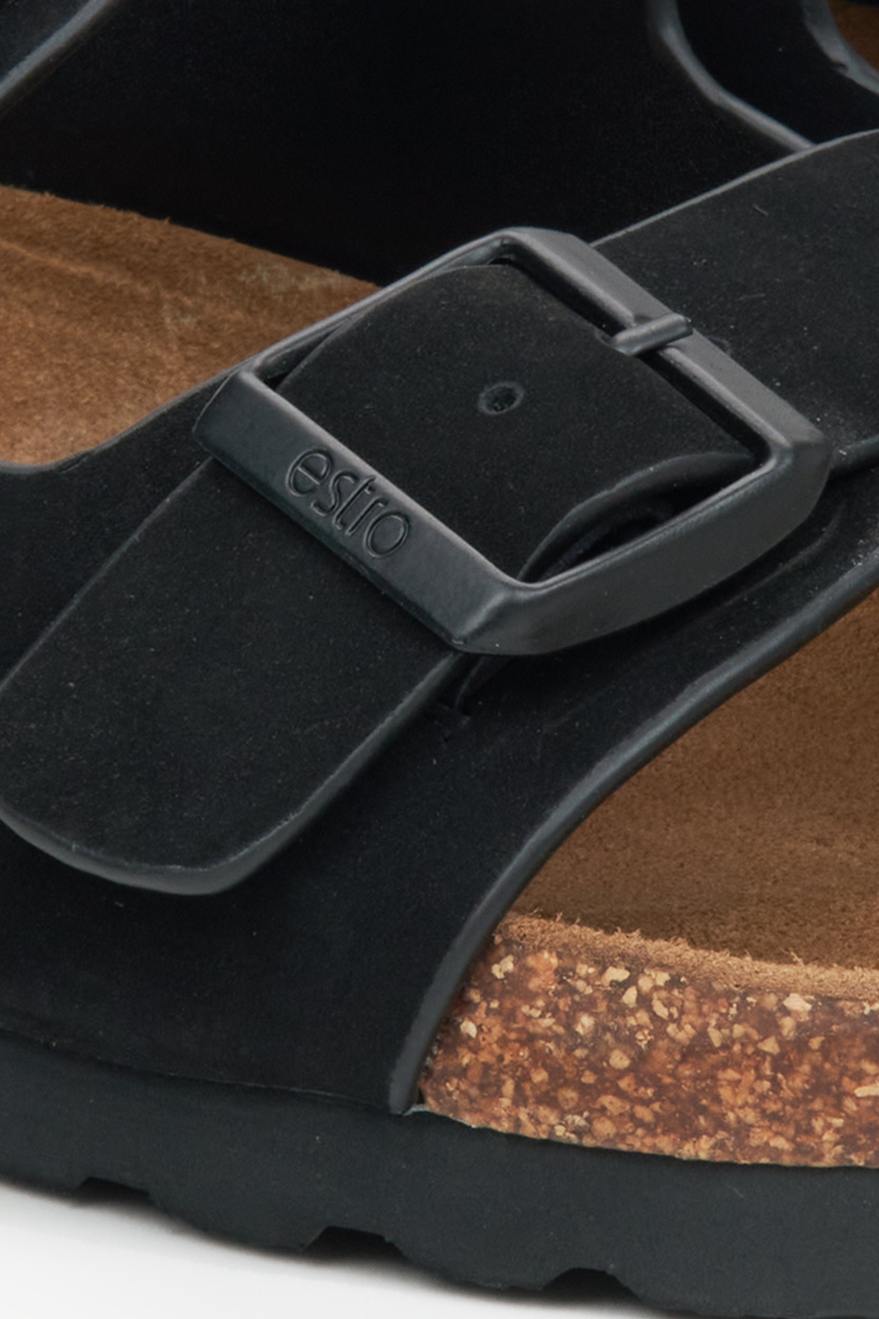 Estro men's black nubuck sandals - close-up detail.