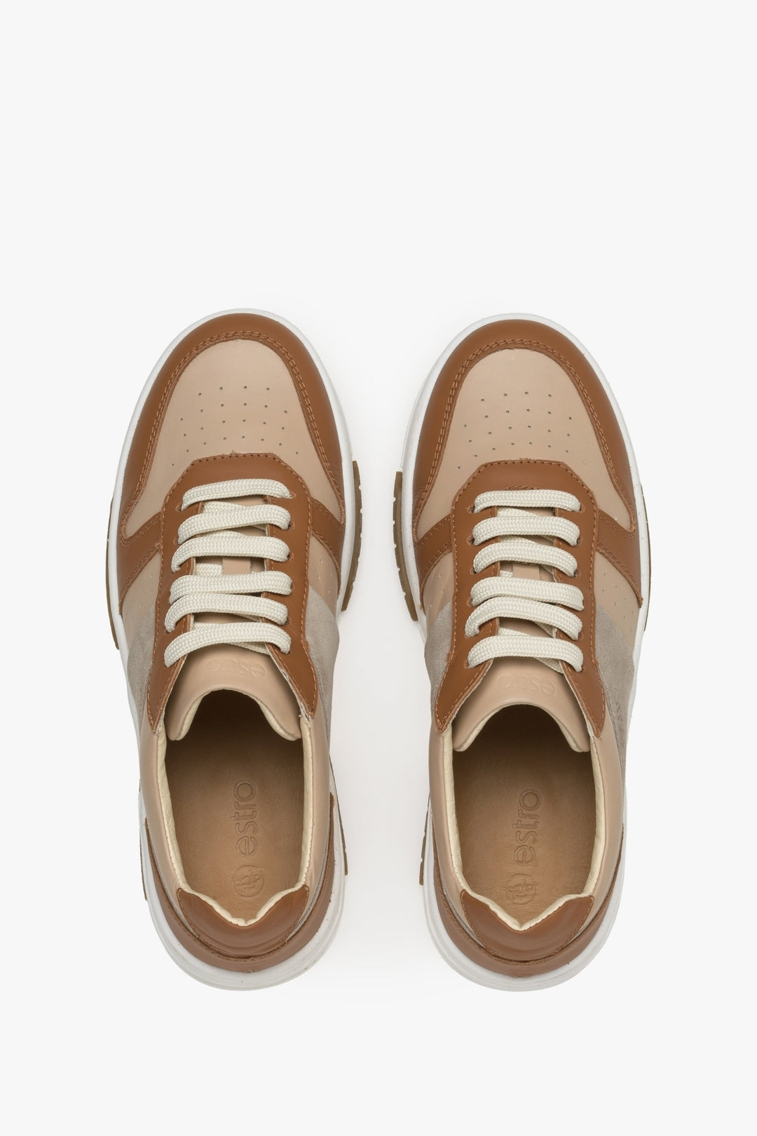 Women's brown and white sneakers made of genuine leather by Estro - top view presentation of the model.