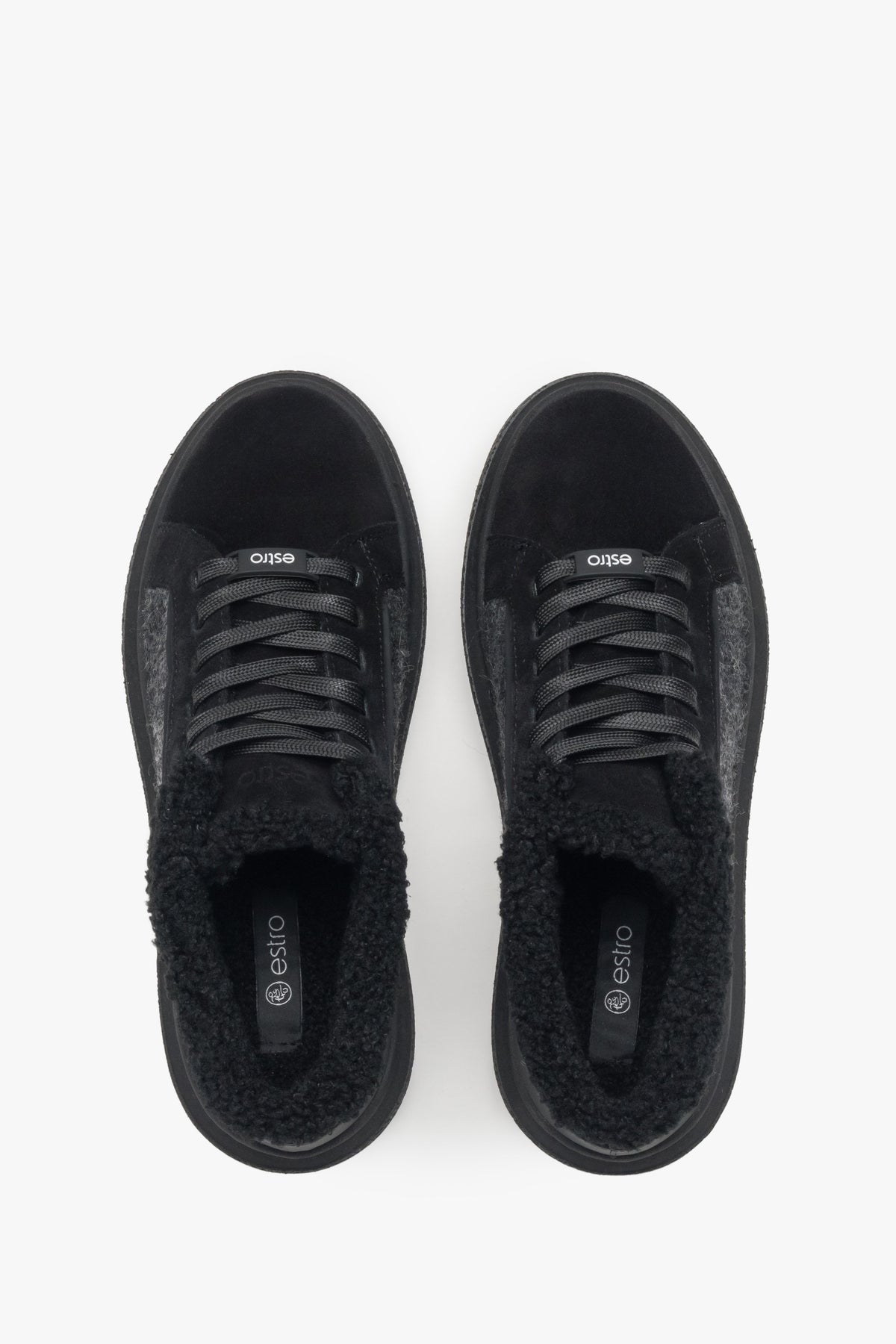 Women's black insulated winter sneakers by Estro - top view of the model.