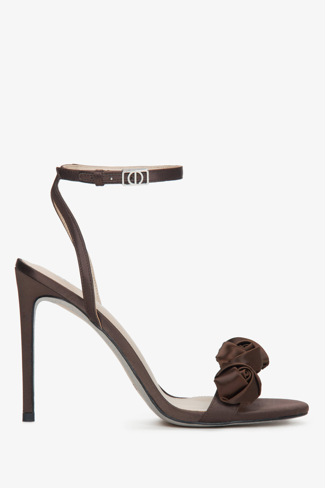 Women's Dark Brown Stiletto Heels Sandals with Satin Finish and Floral Details Estro ER00114742.