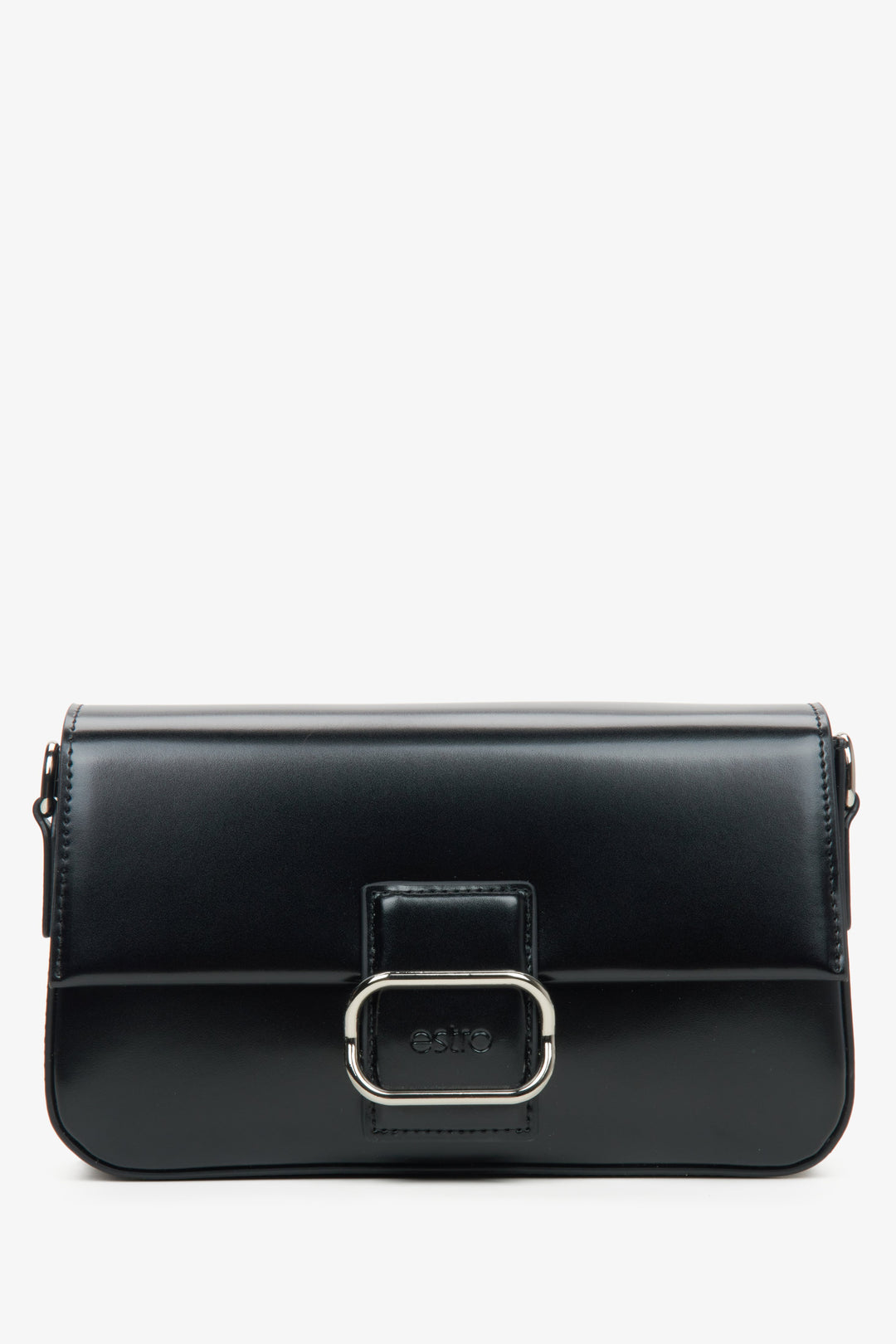 Women's Black Leather Shoulder Bag with Silver Hardware Estro ER00115774.