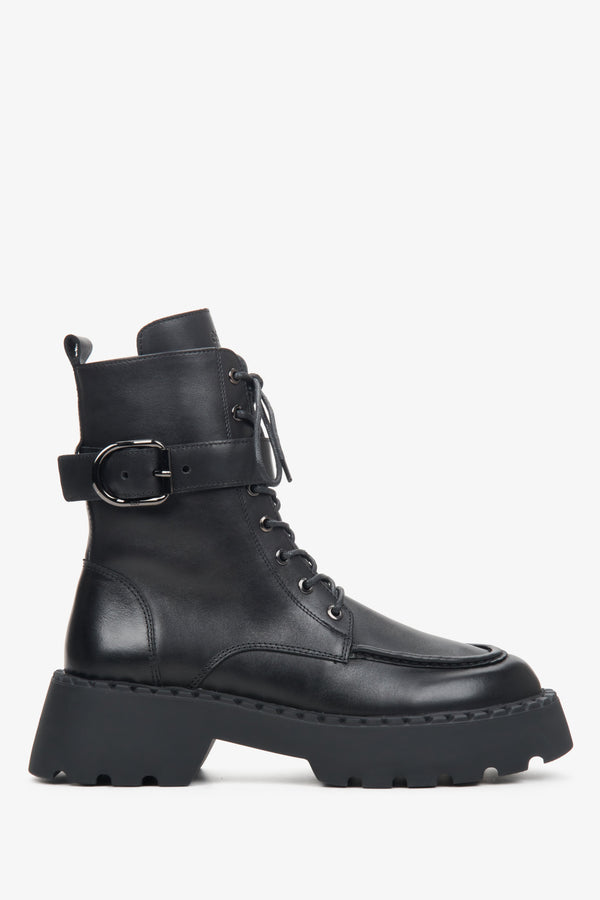 Women's high black Estro boots made of genuine leather with a buckle.