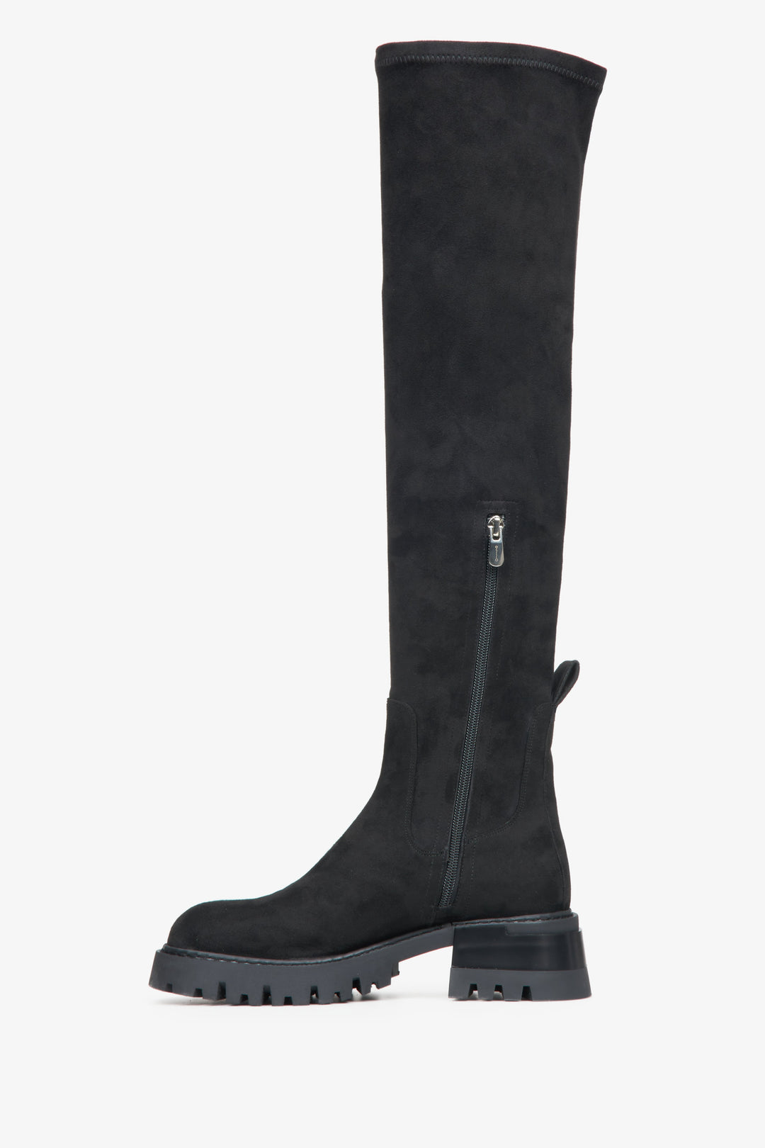 Women's black velour boots by Estro - shoe profile.