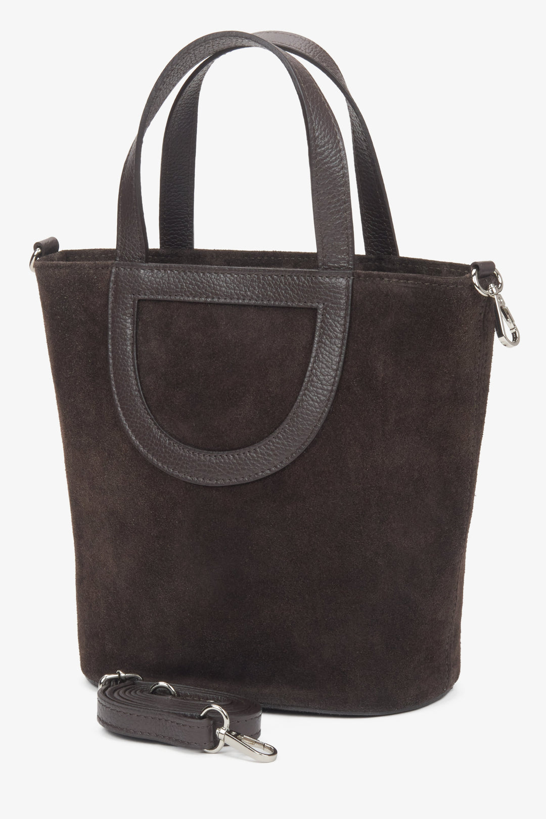 Women's bucket bag in an elegant dark brown shade, made of premium Italian natural velour.