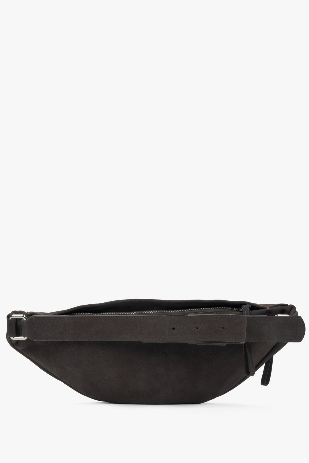 Dark brown men's fanny pack made of natural velour from Estro - back of the model.