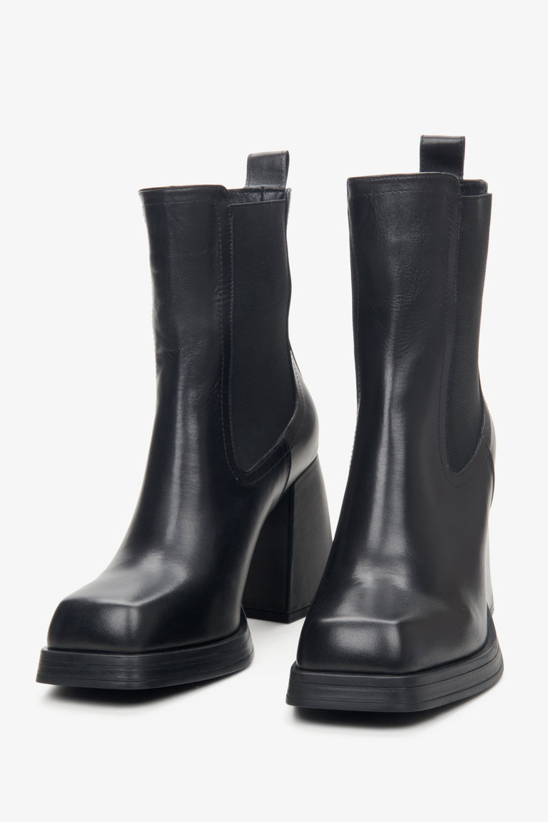 Women's black Estro leather boots with heel - close-up on the toe.