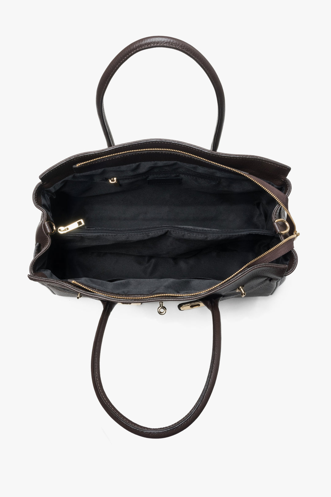 Spacious women's handbag made of Italian leather in dark brown – interior presentation.