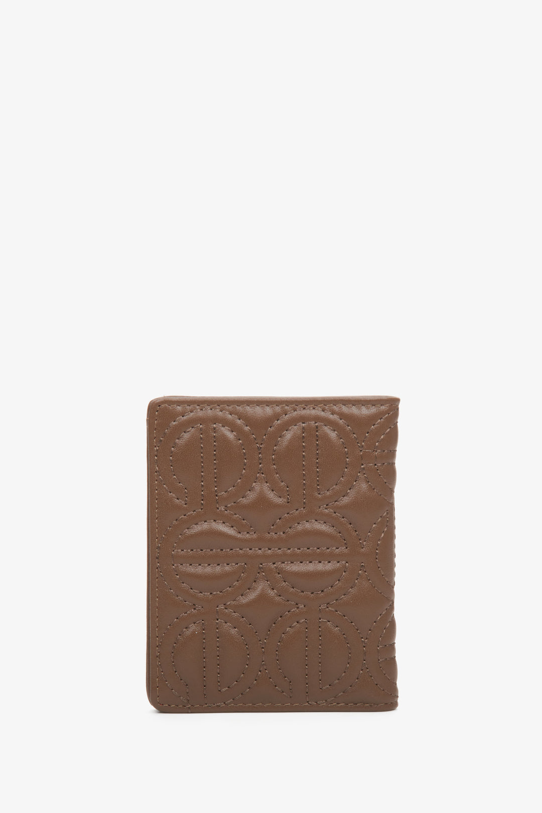 Small women's dark brown card leather wallet by Estro with embossed logo.