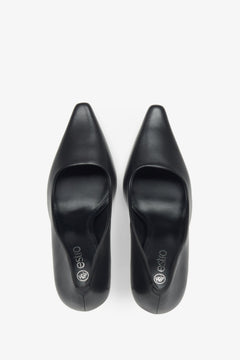 Black women's high heels made of natural leather with a narrow pointed toe, Estro - top view.