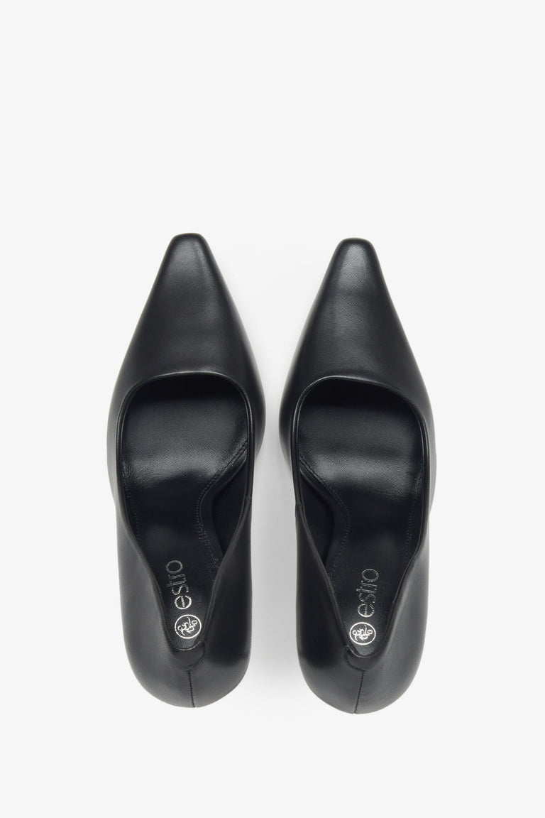 Black women's high heels made of natural leather with a narrow pointed toe, Estro - top view.