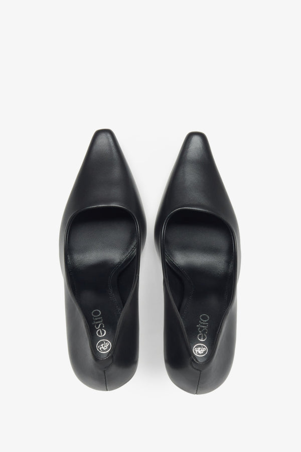 Black women's high heels made of natural leather with a narrow pointed toe, Estro - top view.