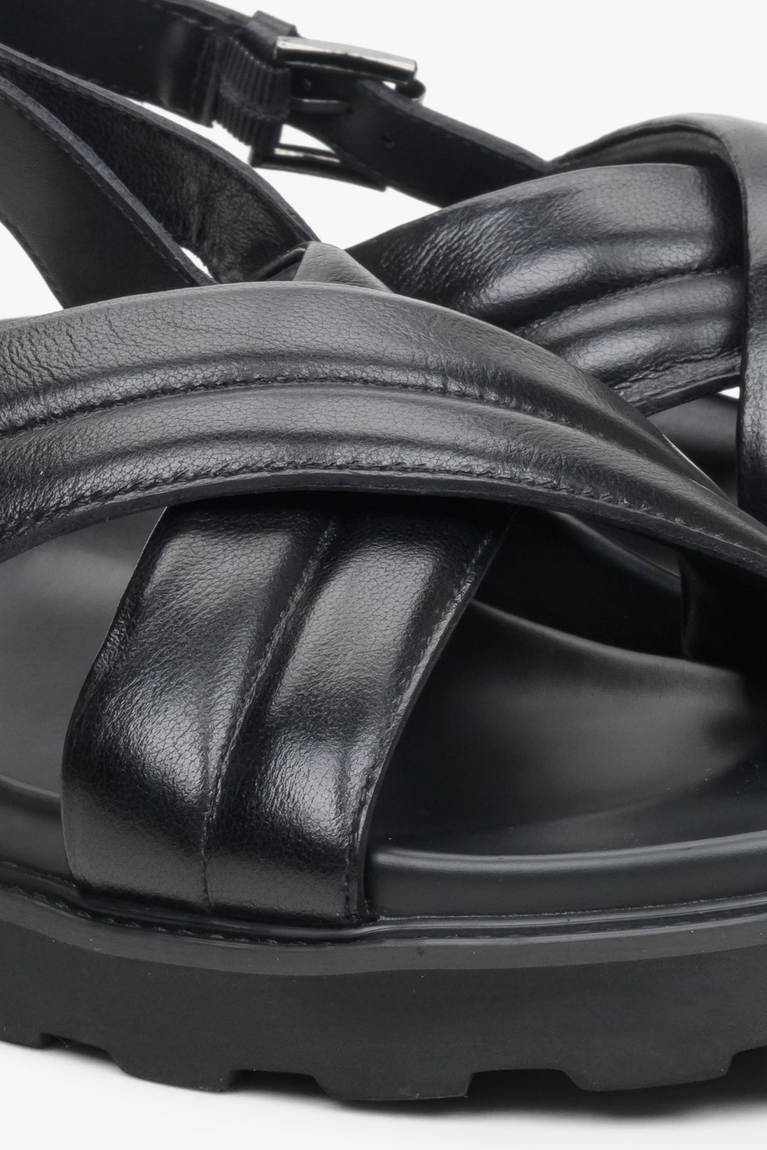 Men's black sandals made of genuine leather by Estro - close-up on the details.