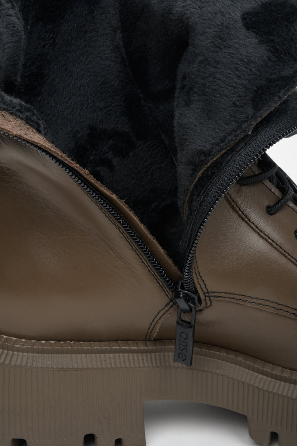 Women's dark brown high fall combat boots by Estro - close-up of the inside of the shoe.