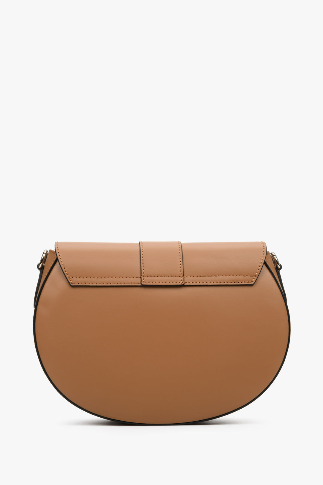 Leather, women's brown horseshoe-shaped handbag by Estro - reverse side.