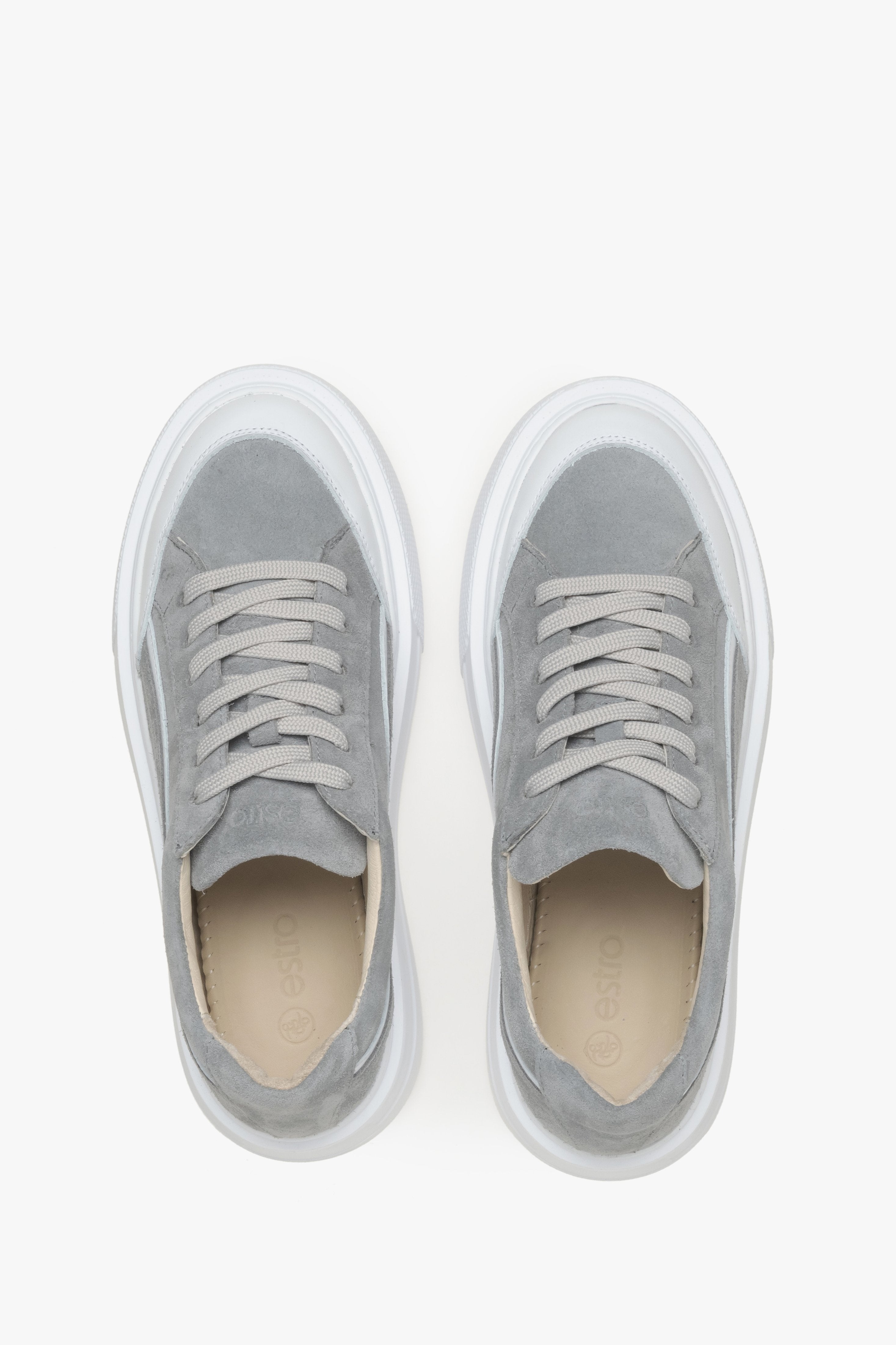 Estro grey women's sneakers made of genuine velour - top view of the model.