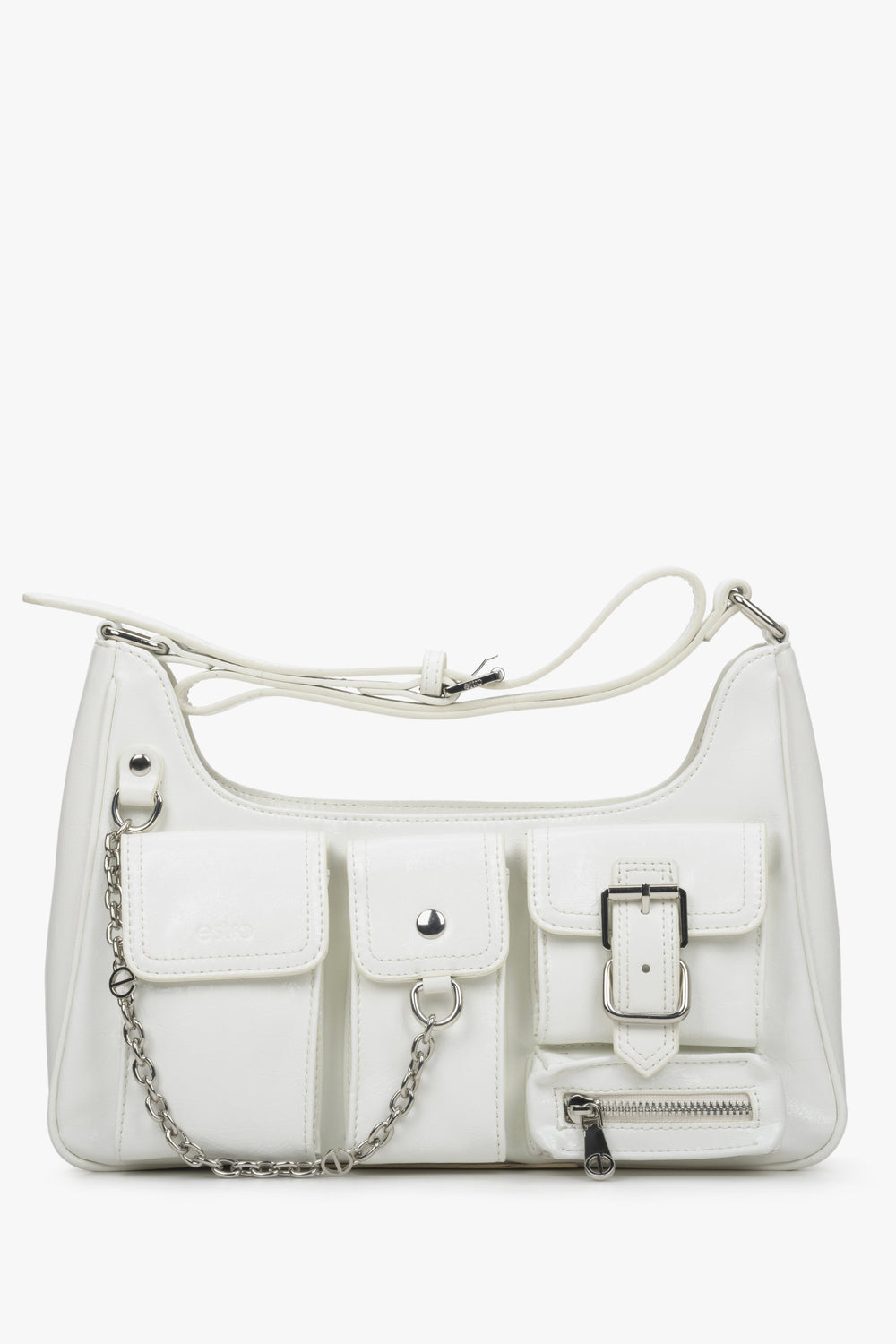 Women's White Shoulder Bag with Pockets made of Genuine Leather Estro ER00114407.