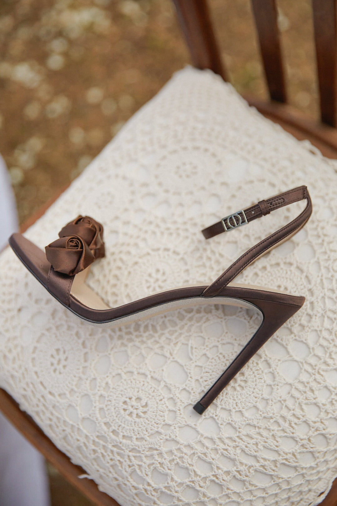 Women's Dark Brown Stiletto Heels Sandals with Satin Finish and Floral Details Estro ER00114742