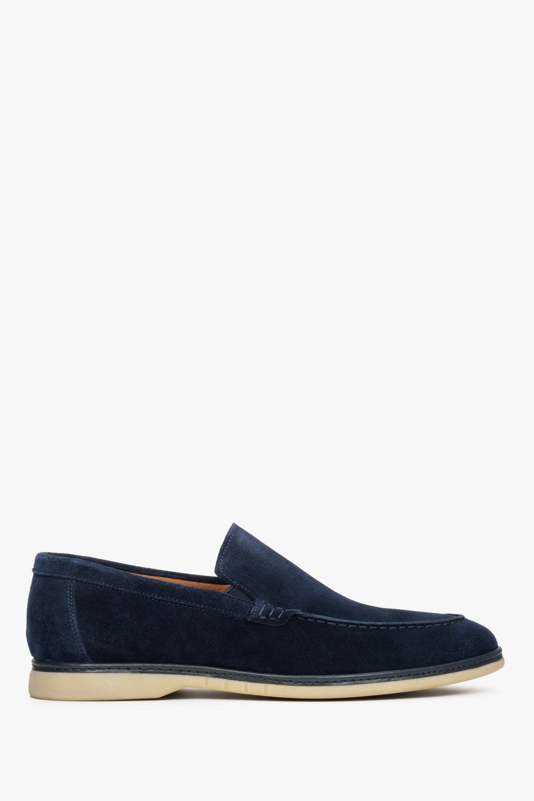Men's navy blue velour loafers - shoe profile.