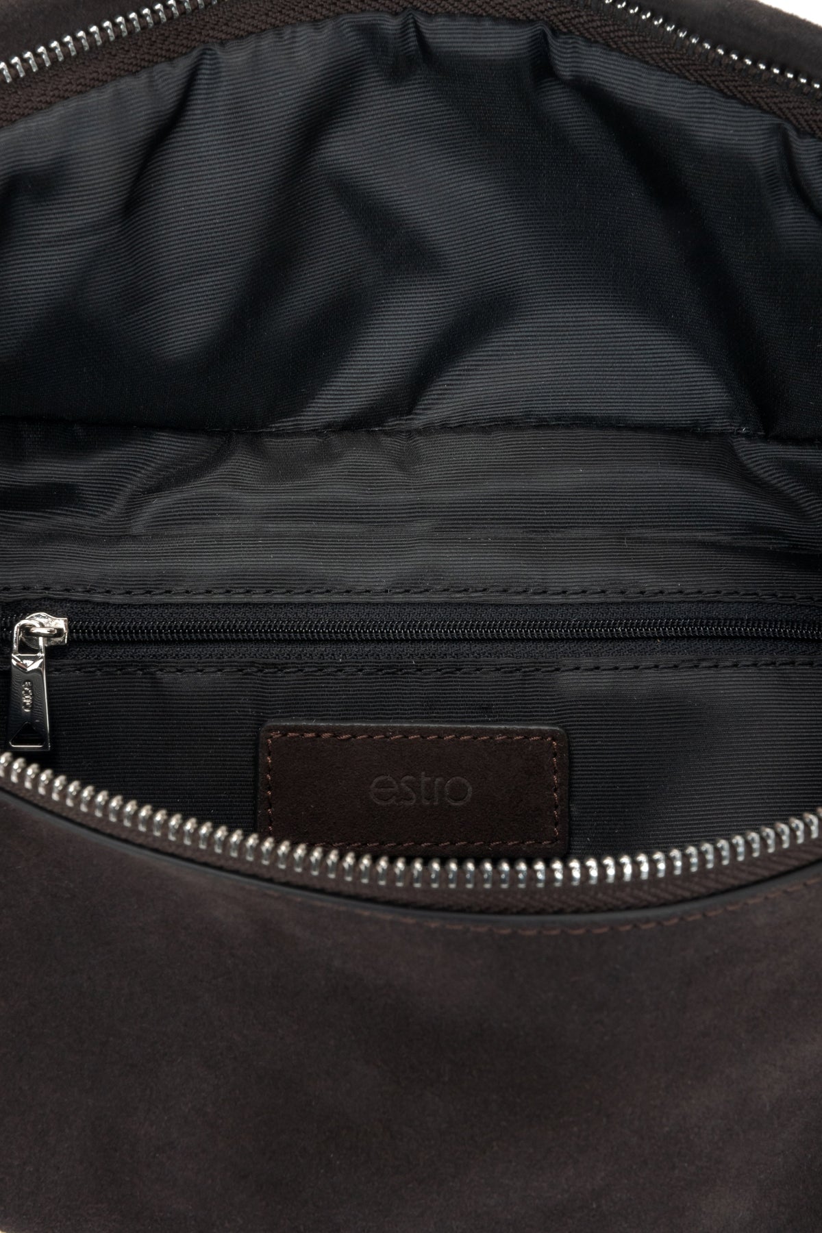 Stylish women's fanny pack made of natural velour in a dark brown shade by Estro - interior view.